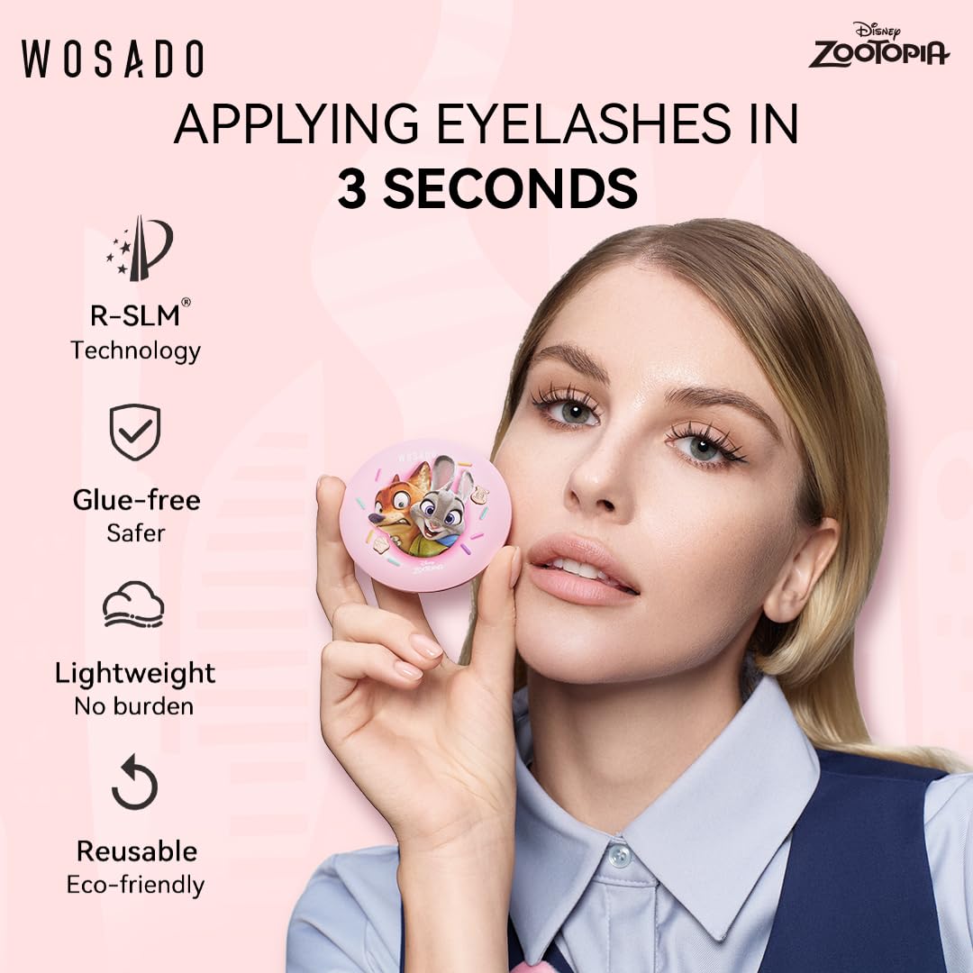 WOSADO×Disney Soft Magnetic Eyelashes Kit with Applicator, No.18 Velvet Black Reusable Glue-free Wispy Magnetic Lashes, Cruelty-free False Lashes, Waterproof, Lightweight, Suit for Heavy Makeup