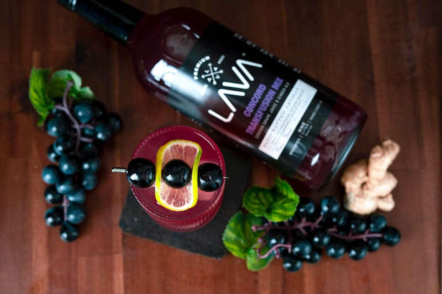(3 Pack) LAVA Premium Concord Transfusion Mix made with concord grape juice, real ginger, ginger ale, no artificial sweeteners, 1-Liter (33.8oz) Glass Bottle, Ready to Use.