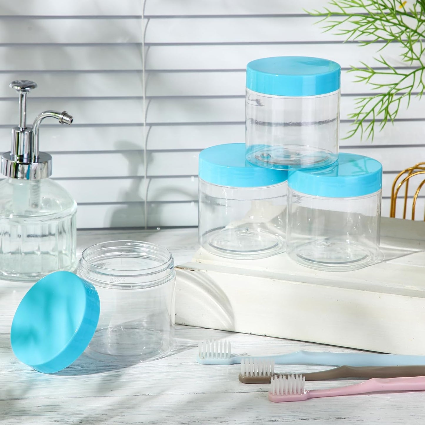 Patelai 4 Pieces Round Wide-mouth Leak Proof Plastic Container Jars with Lids for Travel Storage Makeup Beauty Products Face Creams Oils Salves Ointments DIY Making(8 Ounce,Blue)