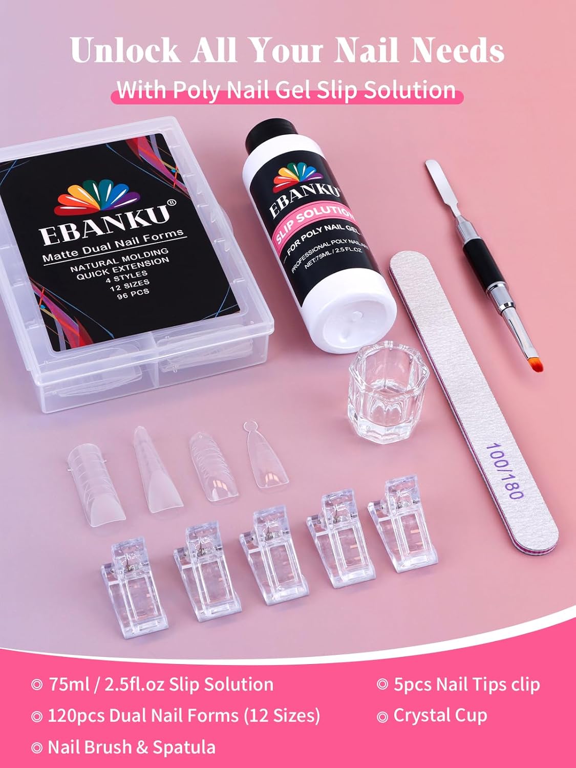 EBANKU Poly Gel Nail Forms - 96PCS Dual Forms for Builder Nail Extension, 4 Style 12 Size Dual Forms Set with 2.5oz Slip Solution, Brush, File, 5PCS Clips