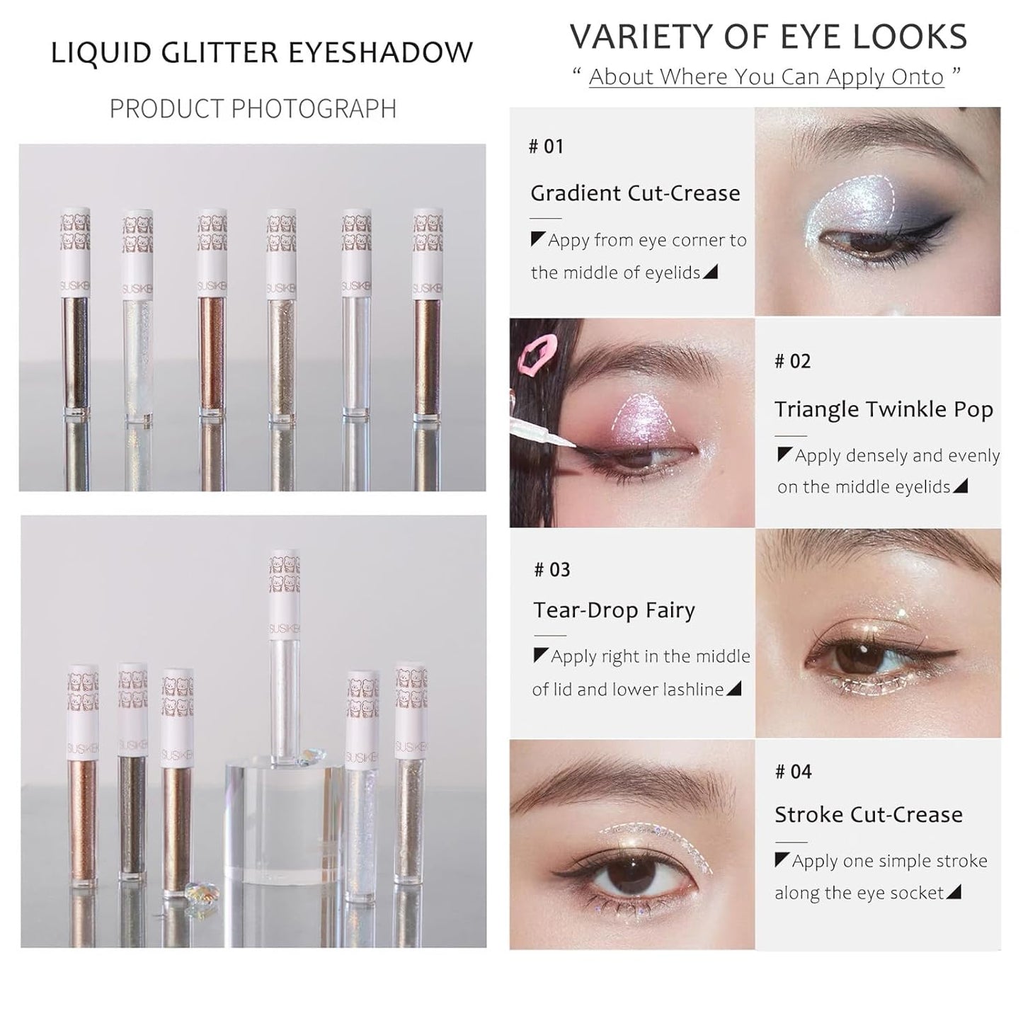 Eye Glitter Liquid Eyeshadow Eyeliner Set(6Pcs), Glittery Korean Makeup Bling Under Eye Shadows, Shimmer Tear Drop Make Up Gift Kit, Quick-Dry, Long-Lasting Loose Glitter Glue for Crystal Makeup