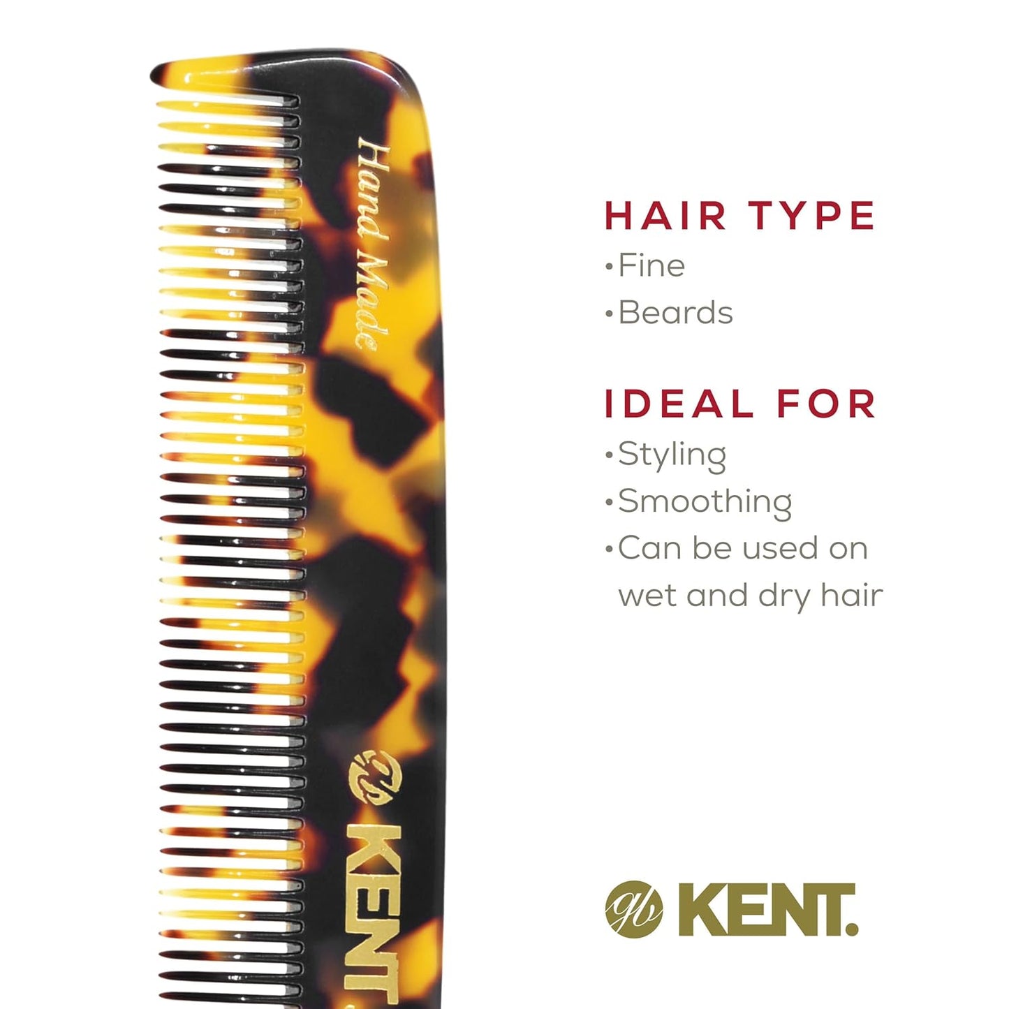 Kent F3T TY Fine Tooth Comb for Hair Parting, Handmade Combs for Men and Straightening Comb for Women, Dandruff Remover Kent Mens Combs for Fine Hair