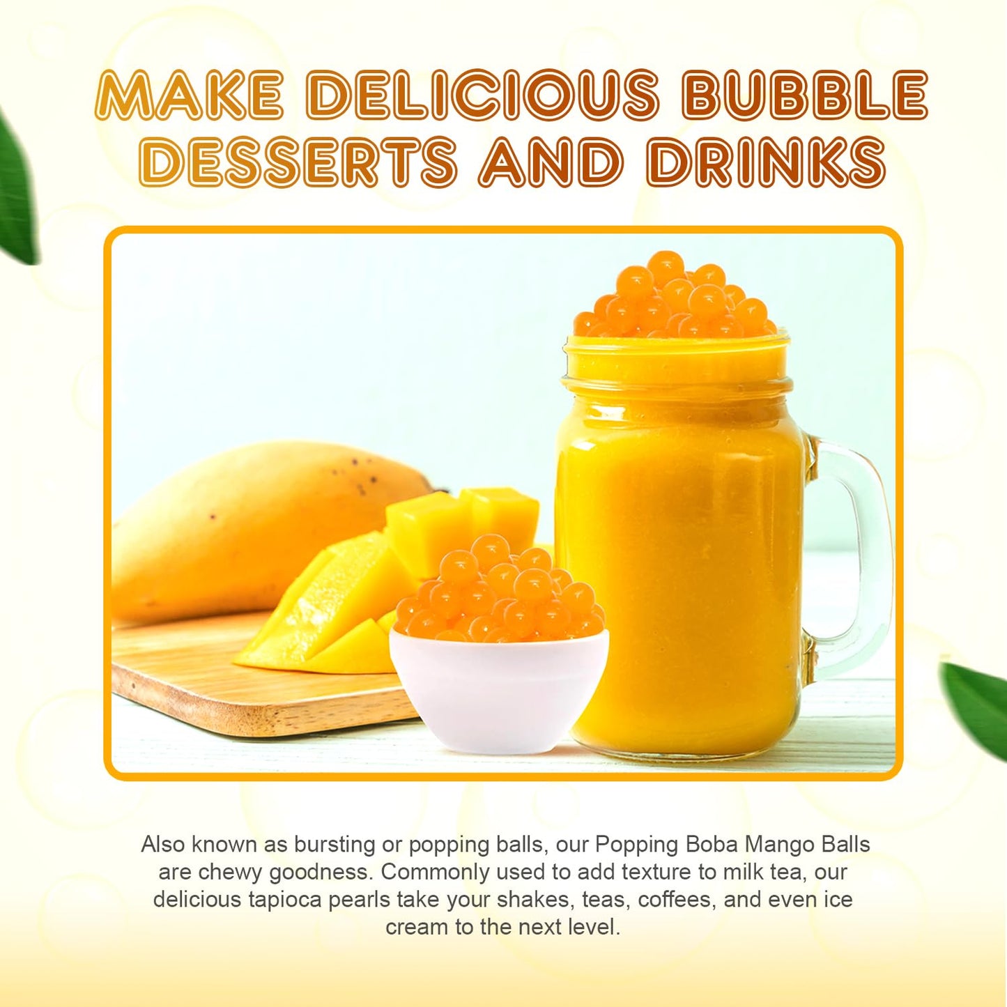 Fanale Mango Popping Boba Pearls, Vegan, Non GMO, Gluten Free, Fat Free, Perfect for Bubble Tea, Smoothies, Ice Cream, Desserts, and Beverages.