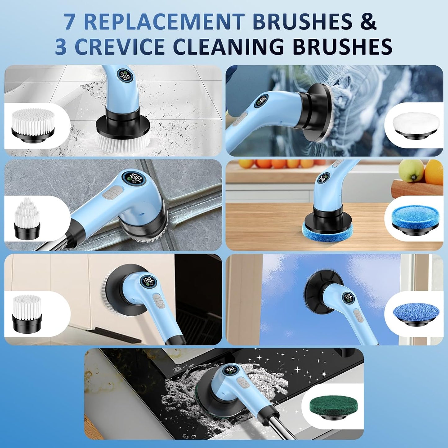Electric Spin Scrubber Upgraded Battery with Extra-Long Runtime, IPX7 Waterproof Power Cleaner with 7 Brush Heads, 2 Speeds Adjustable Long Handle for Bathroom, Floor, Shower, Tile & Kitchen Cleaning