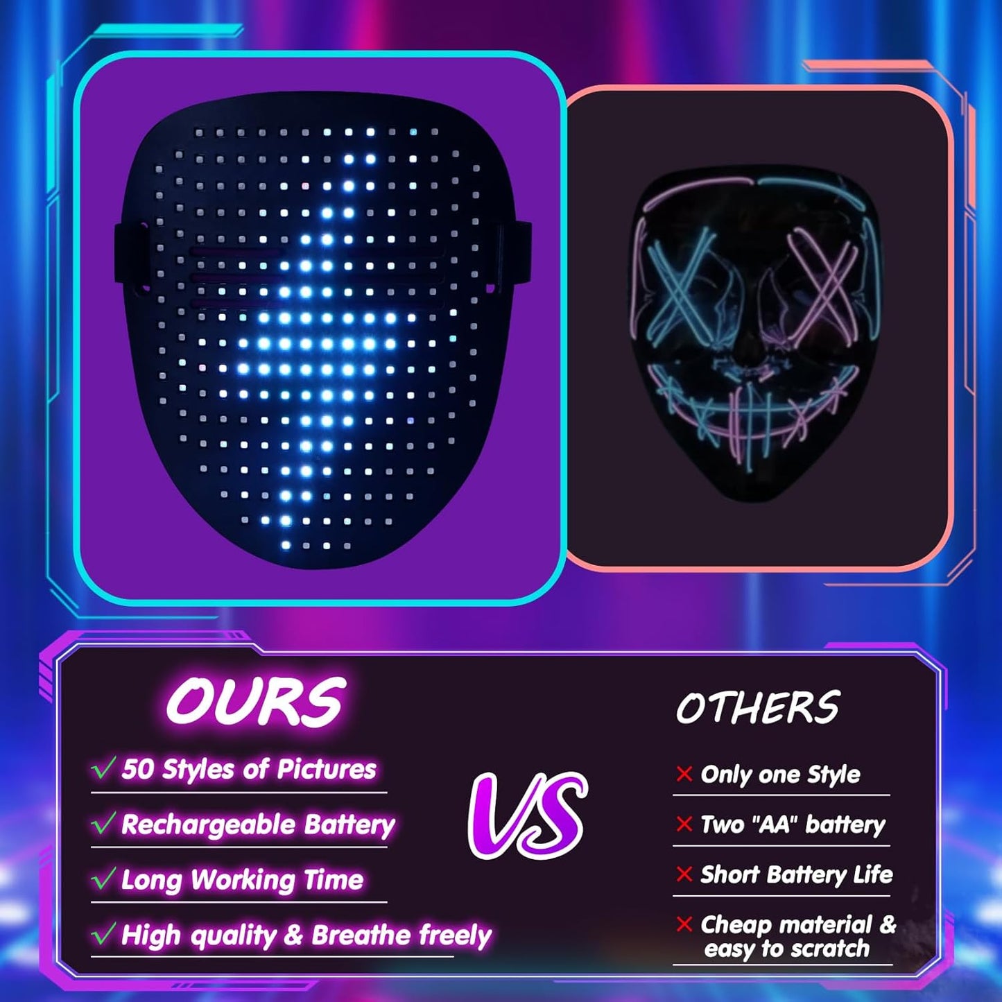 Halloween LED Mask, Light Up Masks Halloween Costume Cosplay Party Birthday Gifts for Teen Boys Girls