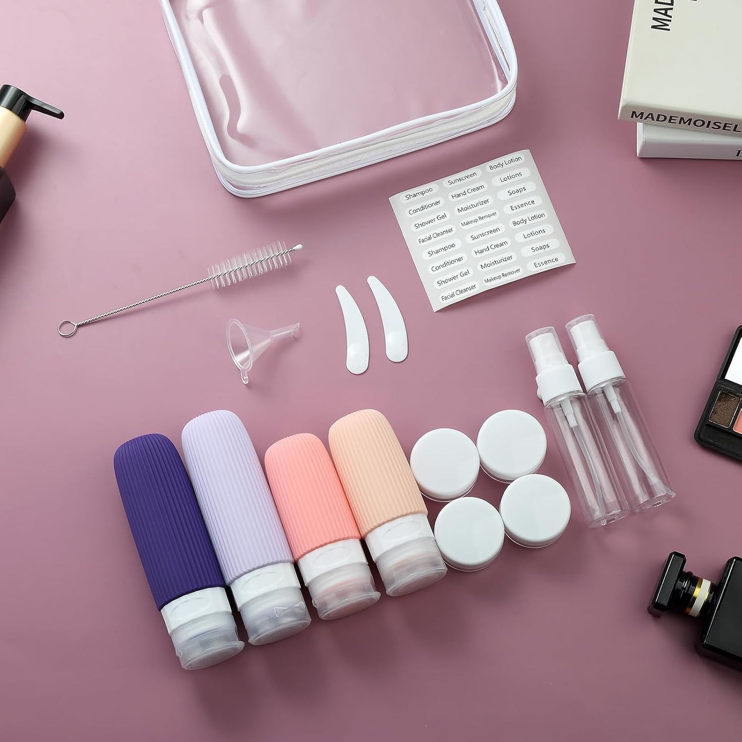 16 Pack Travel Bottles Set, TSA Approved Leak Proof Silicone Squeezable Containers for Toiletries, Refillable Travel Accessories for Conditioner, Shampoo, Lotion & Body Wash Accessories