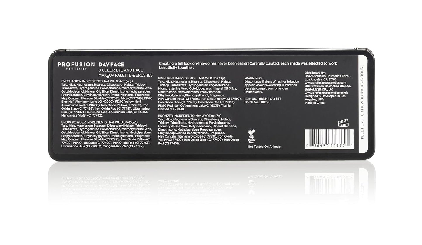 Profusion Cosmetics Day Face Pro Makeup Case - 8 Shades Palette with Brushes for Perfect Daytime Looks