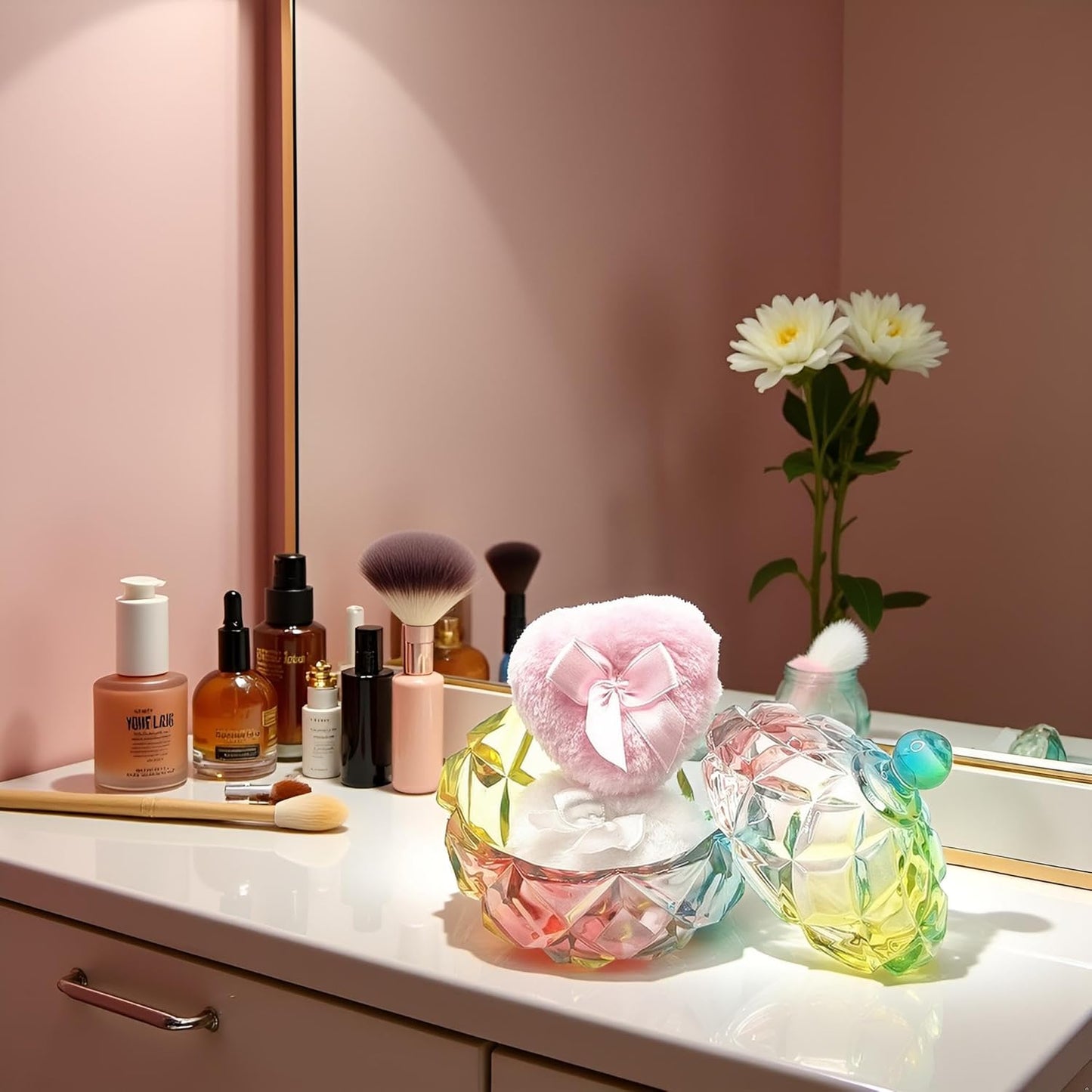 Body Powder Puff and Container - Glass Dusting Powder Container with 2 Soft Puffs Vintage Powder Puff Case for Women & Girls (3.94x3.94x4.53 H in) - GRB012-Multi