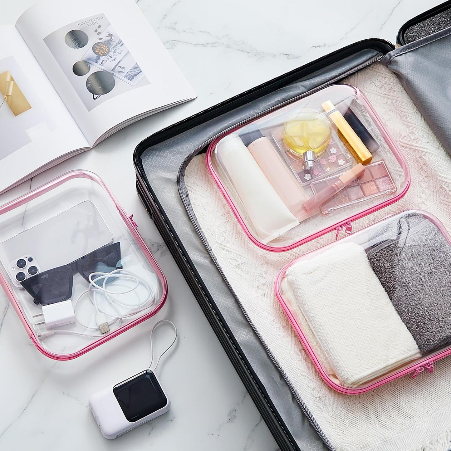 Hoolerry 3 Pcs Clear Hard Zipper Case Plastic Pouch Transparent Hard Case Clear Makeup Bag Portable Travel Organizer Bin for Cosmetics, Building Blocks, Puzzles(Pink,M)