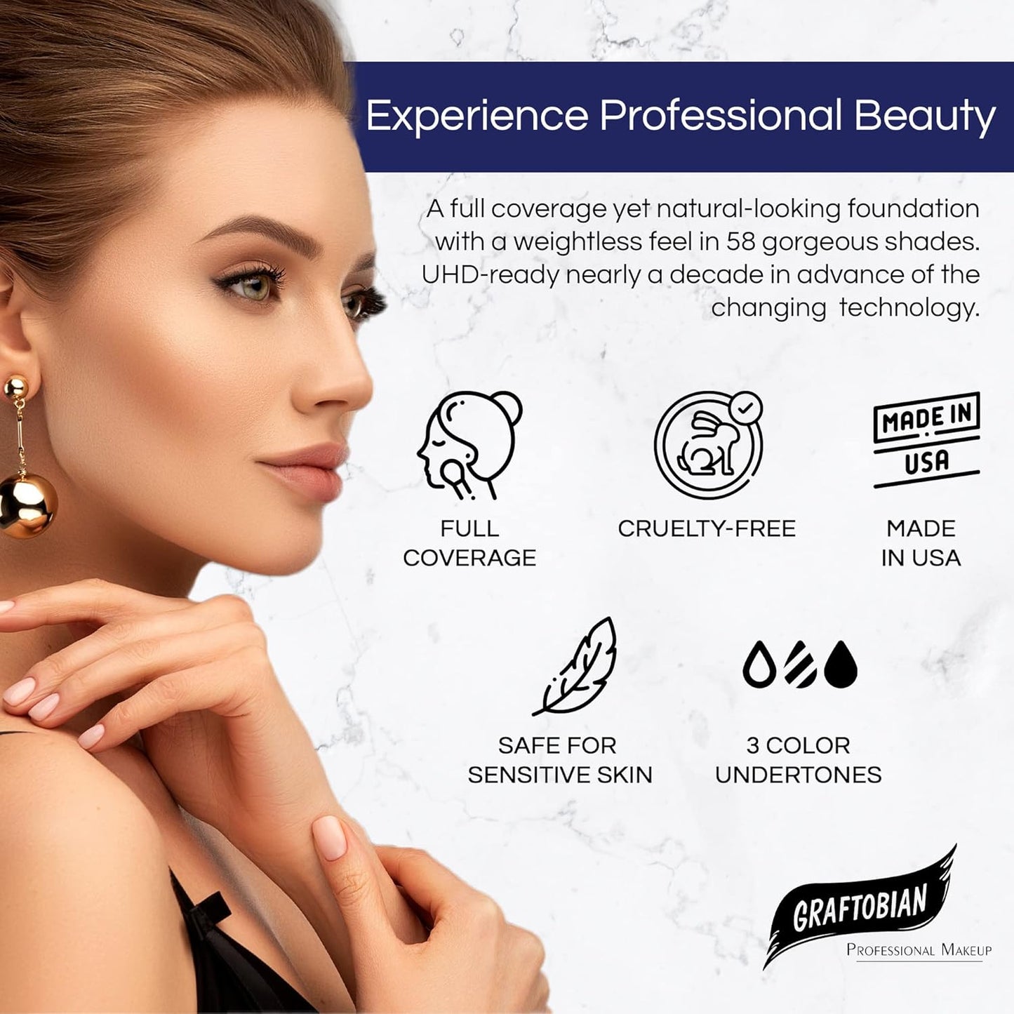 Graftobian HD Glamour Crème Foundation 1/2oz, Weightless Full Coverage Makeup, 65 Inclusive Shades, For All Skin Types, Natural or Full-Glam Looks, For Professionals and Beginners, Shadow Dance