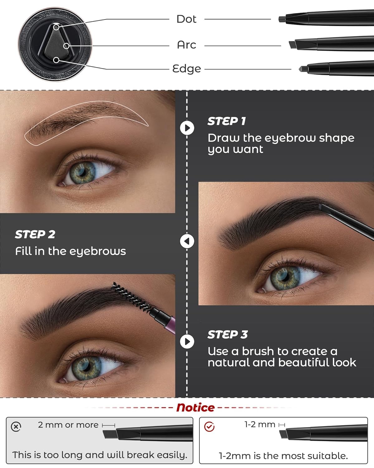 6Pcs Microblading Eyebrow Pencils Black Waterproof Eye Brow Pencil w/Eye Brow Razor & Scissors Kit 0.5mm Ultra-Fine Tip Creates Hair-Like Strokes for Women Effortless Natural Brows