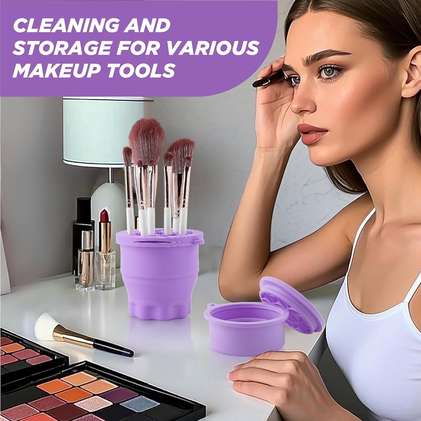 Makeup Brush Cleaner - Foldable Silicone Makeup Brush Cleaner Mat with Brush Storage Holder Makeup Brush Cleaning Bowl Cosmetic Brush Washing Tool for Cleaning Organizer and Drying (Purple)