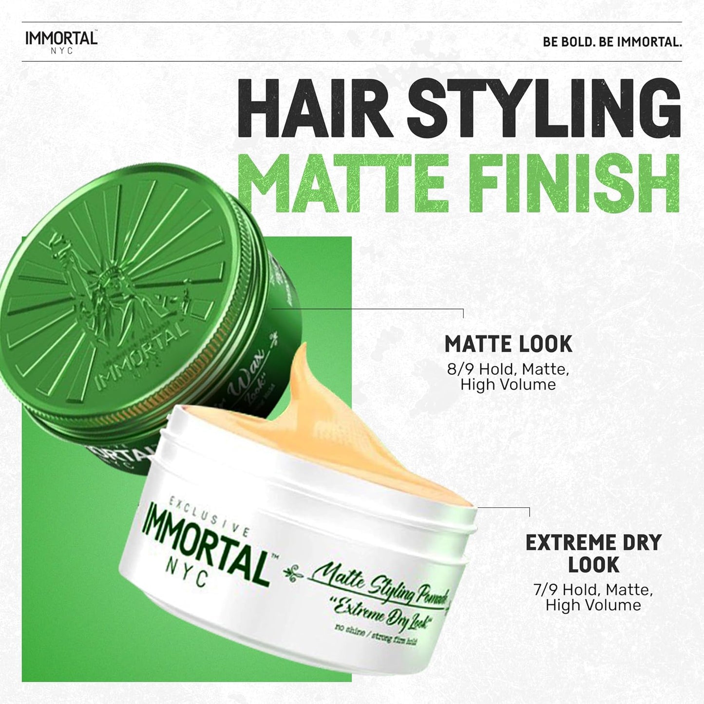 Immortal NYC Matte Styling Extreme Dry Look Pomade - 7 out of 9 Holding Ability, Matte Finish - All Natural Water-Based Hair Wax for Men - No Residue, All Hair Types