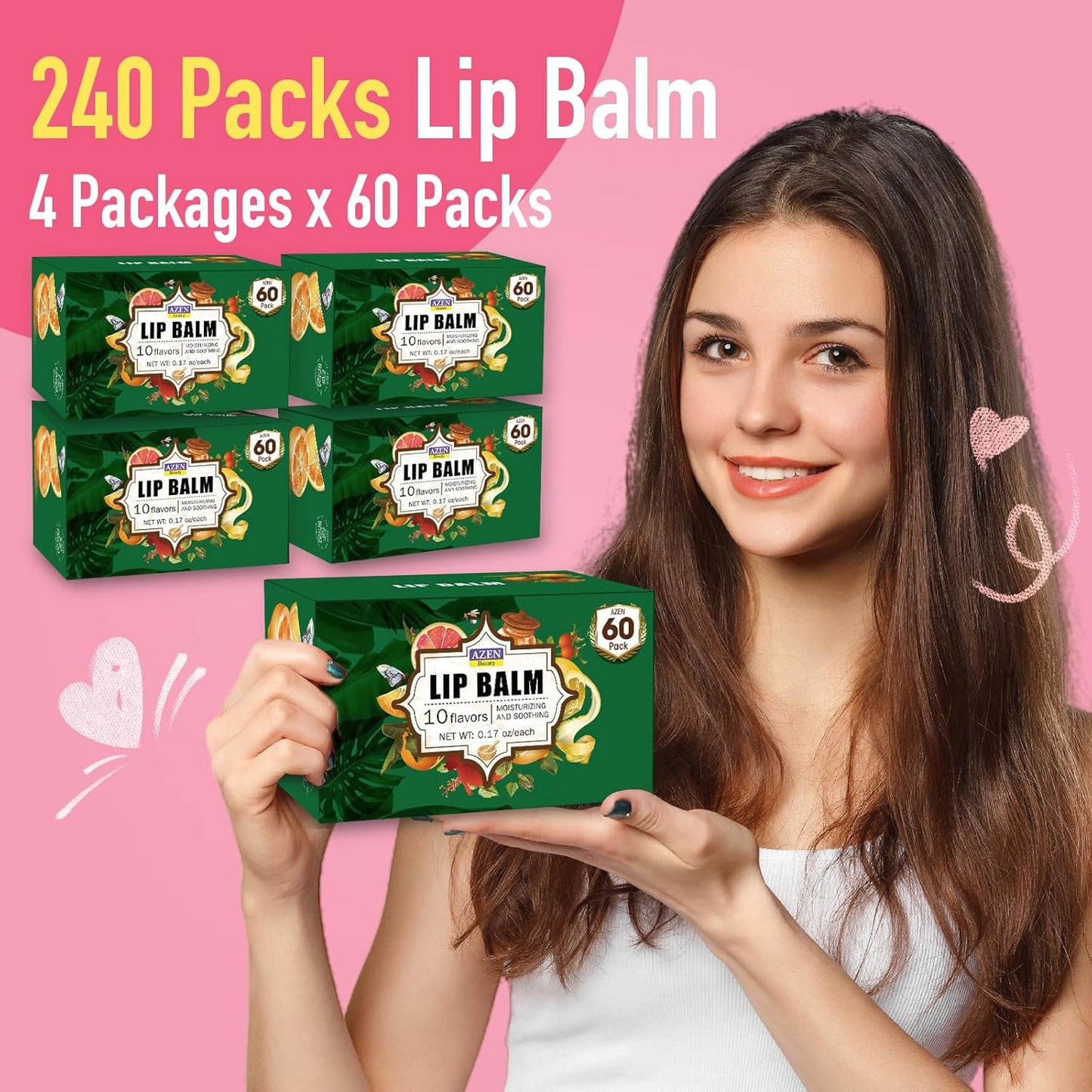 AZEN 240 Pack Lip Balm, Natural Lip Balm Bulk, Lip Care Product, Christmas Stocking Stuffers, Christmas Gifts for Women Girls - 10 Flavors