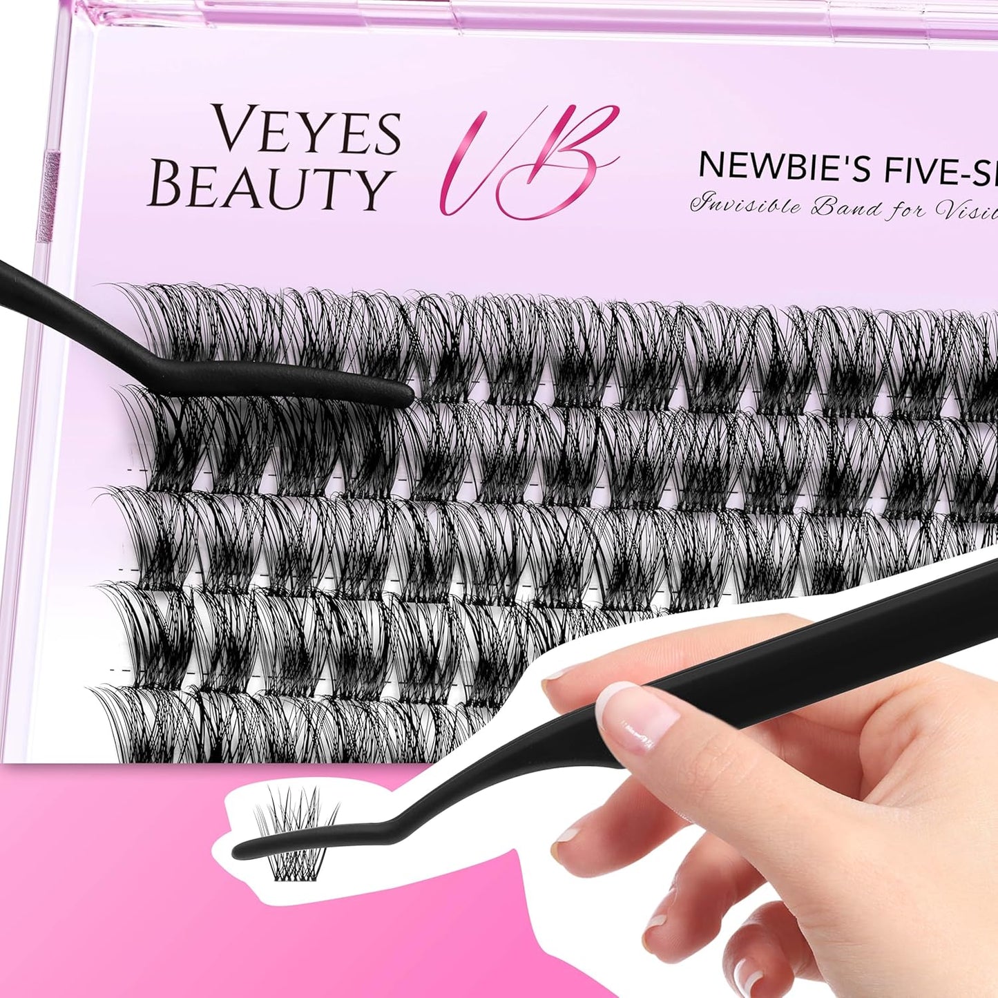 VEYESBEAUTY Lash Clusters Individual Eyelash Extensions Thin & Invisible Band DIY False Eyelashes for Self-application Newbie's Five-Second Series Wispy Lash Tray, Dreamy 16mm Single Length