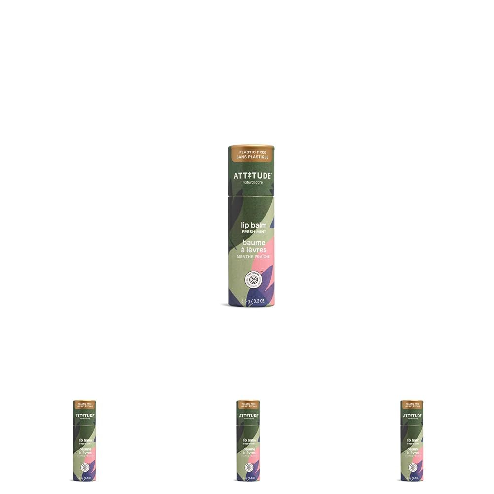 ATTITUDE Plastic-free Lip Balm, EWG Verified Plant- and Mineral-Based Ingredients, Vegan and Cruelty-free Personal Care Products, Mint, 0.3 Oz (Pack of 4)
