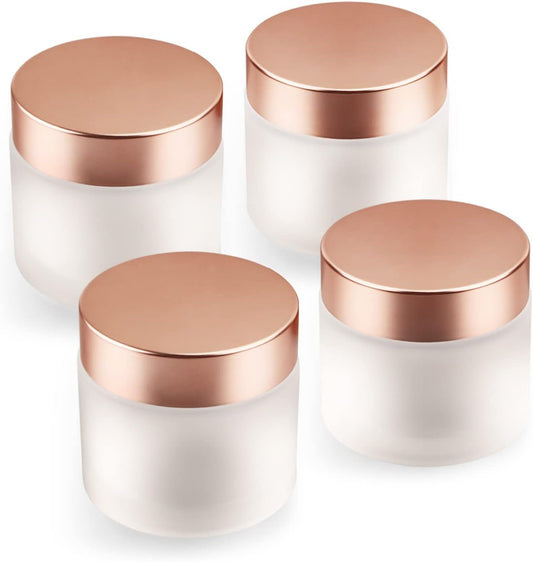4 Pack 2 oz Frosted Glass Cream Jar,Empty Round Sample Jar Pot with Screw Lids&Inner Liner,Travel Storage Jar Container for Lotion, Eyeshadow,Moisturiser,gel-Rose Gold Lids