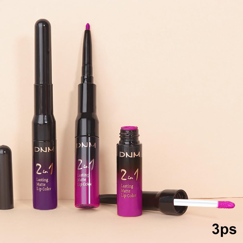 evpct 3Pcs Purple Hot Pink Fuschia Red Matte Lip Liner & Liquid Lipstick Stain Makeup Set for Women, Lip Liner Stain Long Lasting Waterproof Smudge Proof, Cruelty Free Lip Makeup 24 hours originales