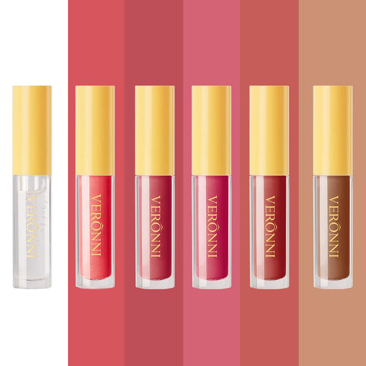 VERONNI 6 Colors Lip Tinted Stain Gloss Set,Hydrating Plumping Liquid Lipstick Set,Moisturizing Clear Lip Oil For Dry Lips,Nourishing Water Glossy Glass Lip Oil Gloss Lip Tint (6 Colors)