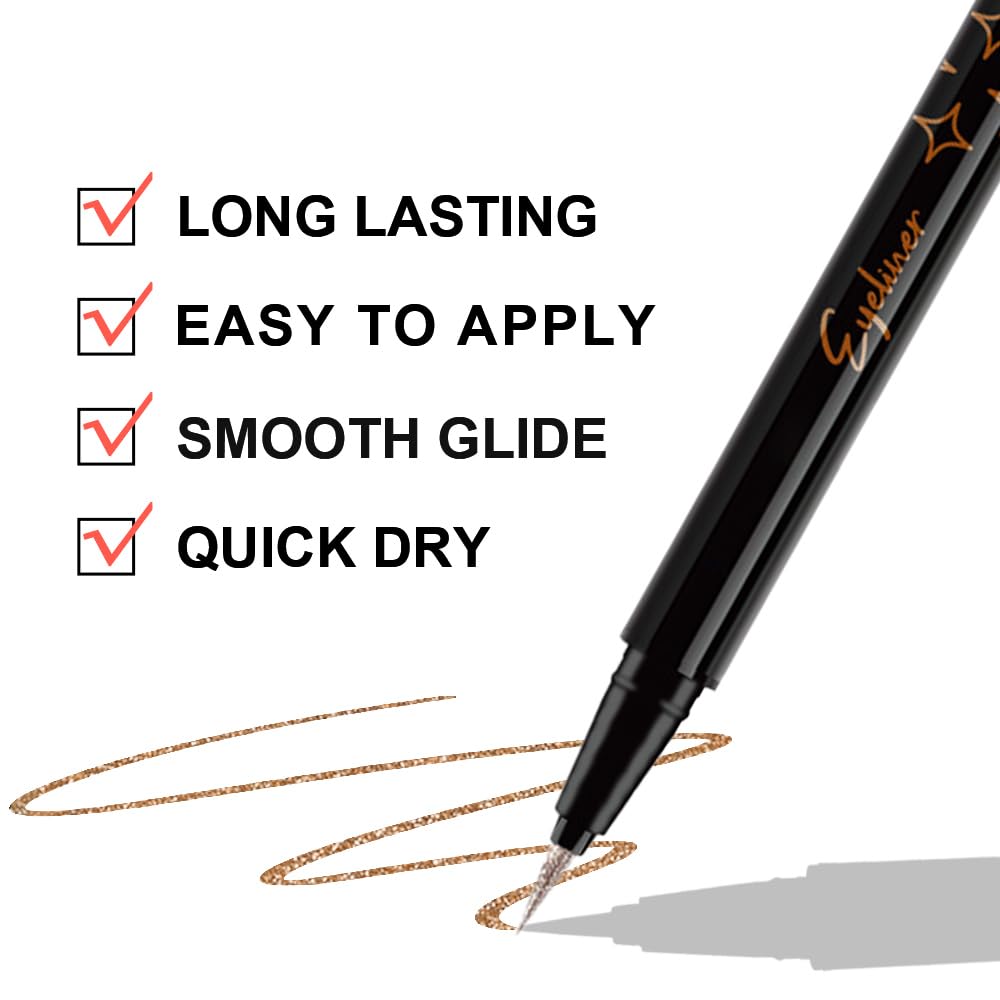evpct 2Pcs Gold & Bronze Glitter Glittering Diamond Liquid Eyeliner Eye Makeup Pencil Set, Sparkle Shimmer Colored Eyeliner Pen Waterproof Smudge Proof Long Lasting High Pigmented