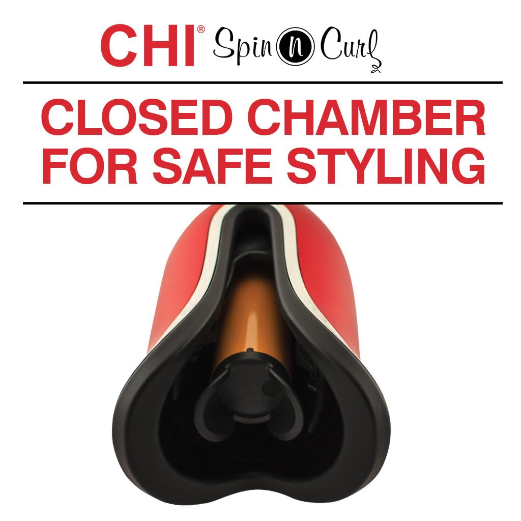 CHI Spin N Curl, Curling Iron For Healthy & Shiny Effortless Curls & Waves, Provides Preset Temperature Settings For Each Hair Texture, Ruby Red