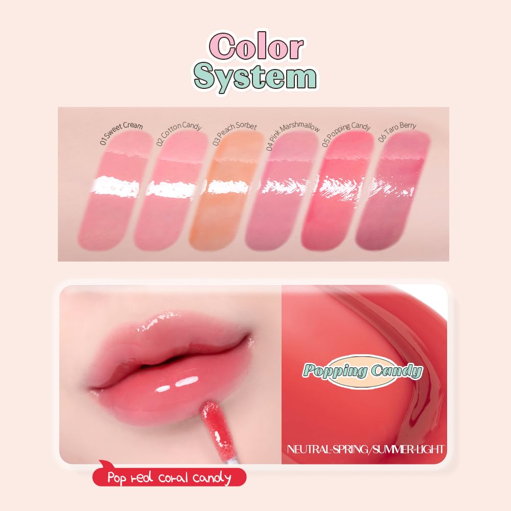 ETUDE Over Glowy Lip Gloss #5 Popping Candy | Non-Sticky Vegan Lip Tint | Moisturized & Long-lasting Lip Gloss | Daily Lip Stain for Dry Lips, Korean Makeup, K-beauty, Perfect for Gift