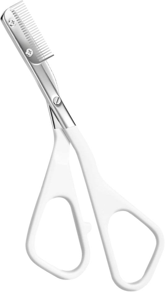 Eyebrow Scissors for Women, Stainless Steel Beauty Scissors with Comb, Precision Trimming Tool for Brows & Facial Hair, Sharp Blades with Safety Guard, Compact & Travel-Friendly (White)