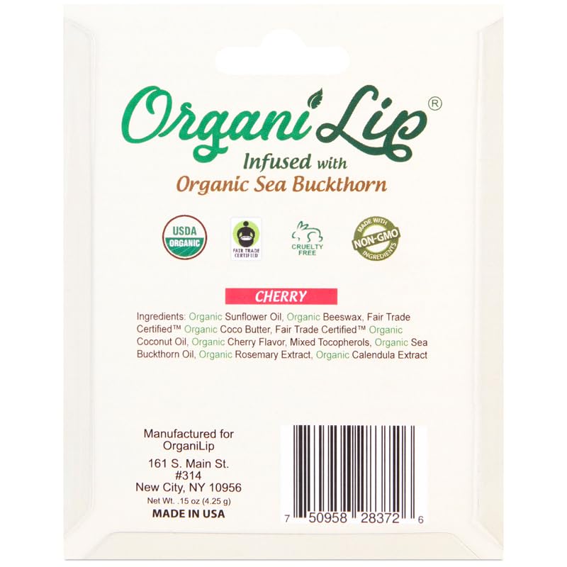 OrganiLip USDA Certified Organic Lip Balm for Nourishing Cracked or Dry Lips - All-Day Ultra Moisturizing Lip Care in Oval Shaped Tubes - 3-Pack (Cherry)