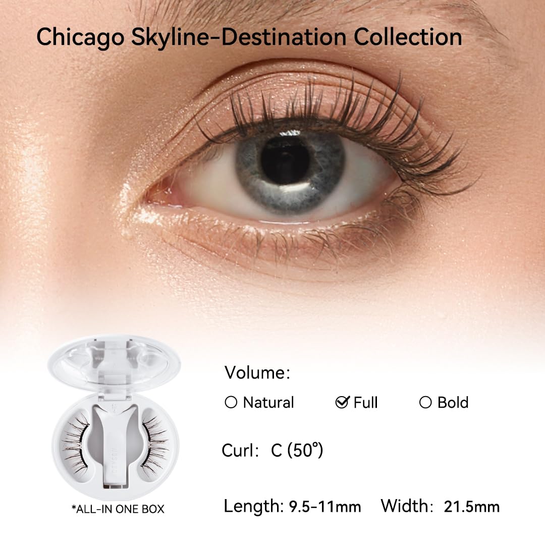 Magnetic Eyelashes with Applicator Kit, [Destination Collection: No.27 Chicago Skyline] Reusable Magnetic Lashes without Eyeliner, Glue-free False Lashes, Waterproof, Lightweight