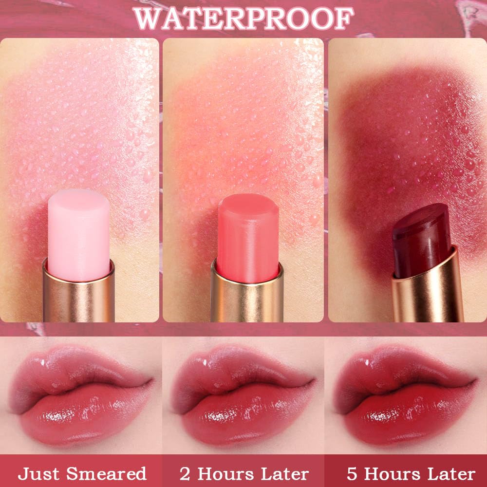 evpct 3Pcs Magic Color Changing Lipstick Long Lasting Waterproof 24 Hours Original for Women, Peach Strawberry Black Red Cherry Pink PH Mood Permanent Color Changing Lipstick Lip Balm, labial magico