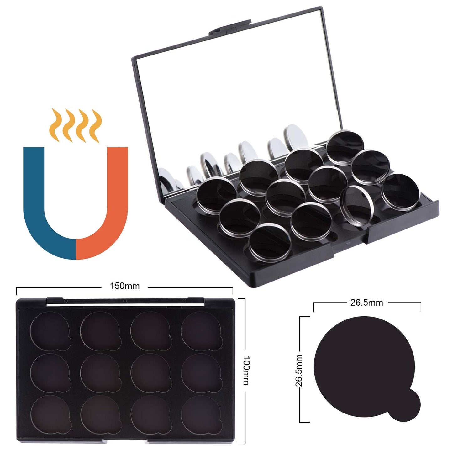 Empty Magnetic Eyeshadow Makeup Palette with Mirror and 12Pcs 26mm Round Metal Pans