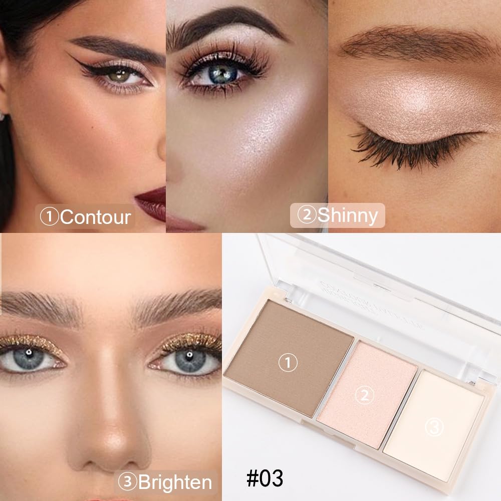 3 IN 1 Brown Nude Face Highlight Bronzer Powder Palette for Face Cheeks Contour Brightening, Buildable Matte Coverage Natural Makeup,Ultra Sculpt Nose Shadow Eyeshadow Primer 03#