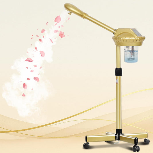 Facial Steamer Professional with More Steam for Deep Cleansing and Hydration, Estheticians Steamer on Wheels with Time Setting, Face Steamer Adjustable Height for Beauty, Spa and Home Use（Golden）