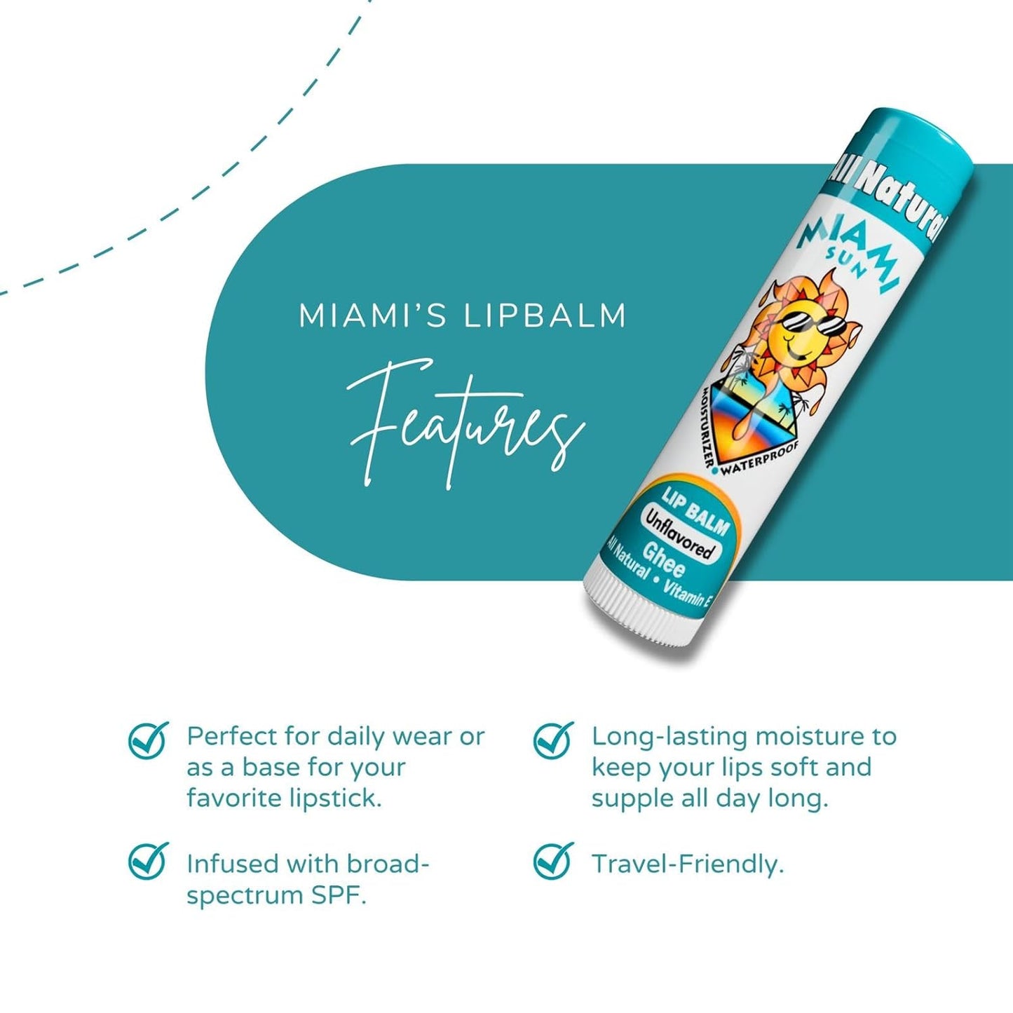 Miami Sun Natural Ghee Lip Balm, Hydrating Lip Treatment with Shea Butter & Beeswax, Organic & Non-Toxic, Best for Dry, Chapped Lips - Moisturizing, Healing, Chemical-Free Lip Care (1 Count, Natural)