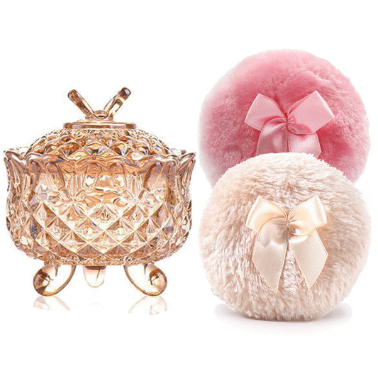 Luxury 4 Inch Glass Powder Container with 2 Soft 3.5" Puffs｜Non-Sealed Refillable puff Jar｜ Loose Powder Storage(Butterfly-Amberl)