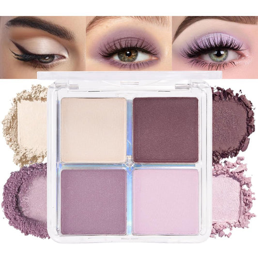 4 Colors Light Violet Pink Purple Brown Eye Shadow Powder Palette Makeup, Neutral Matte Shimmer Quads Eyeshadow Palette for Women Highly Pigmented Waterproof, paleta de sombras de ojos,Vegan 02