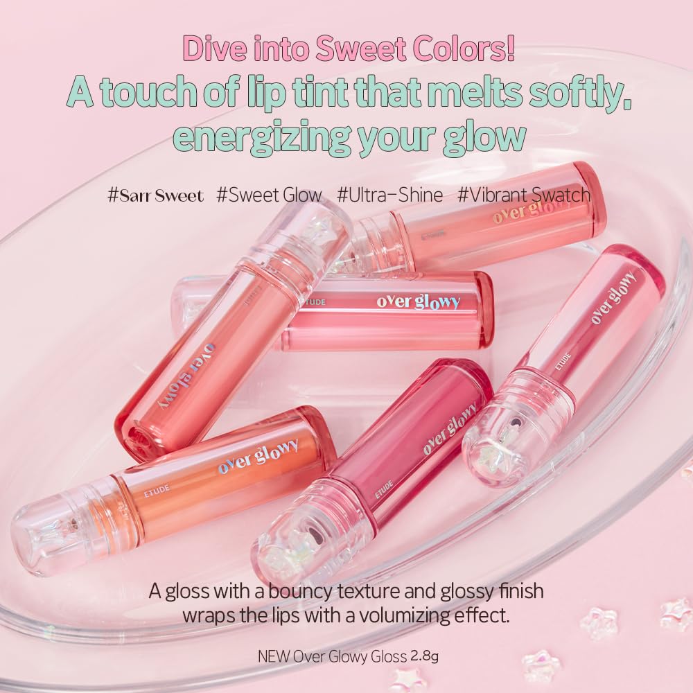 ETUDE Over Glowy Lip Gloss #3 Peach Sorbet | Non-Sticky Vegan Lip Tint | Moisturized & Long-lasting Lip Gloss | Daily Tint for Dry Lips, Korean Makeup, K-beauty, Perfect for Gift