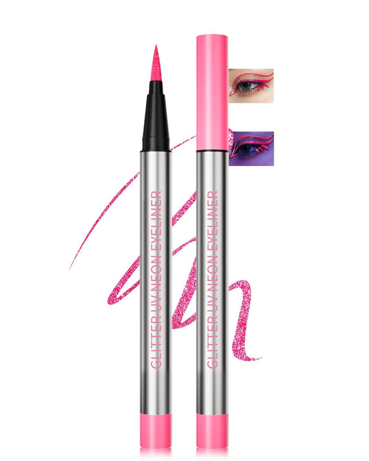 Glitter UV Neon Eyeliner Pencil, Waterproof Smudge-Proof Pink Eye Liner Liquid Pen, High-Pigment Shimmer Eyeliner Pen Long-Lasting Colorful Professional Makeup, Halloween Rave Party Gift for Women-02