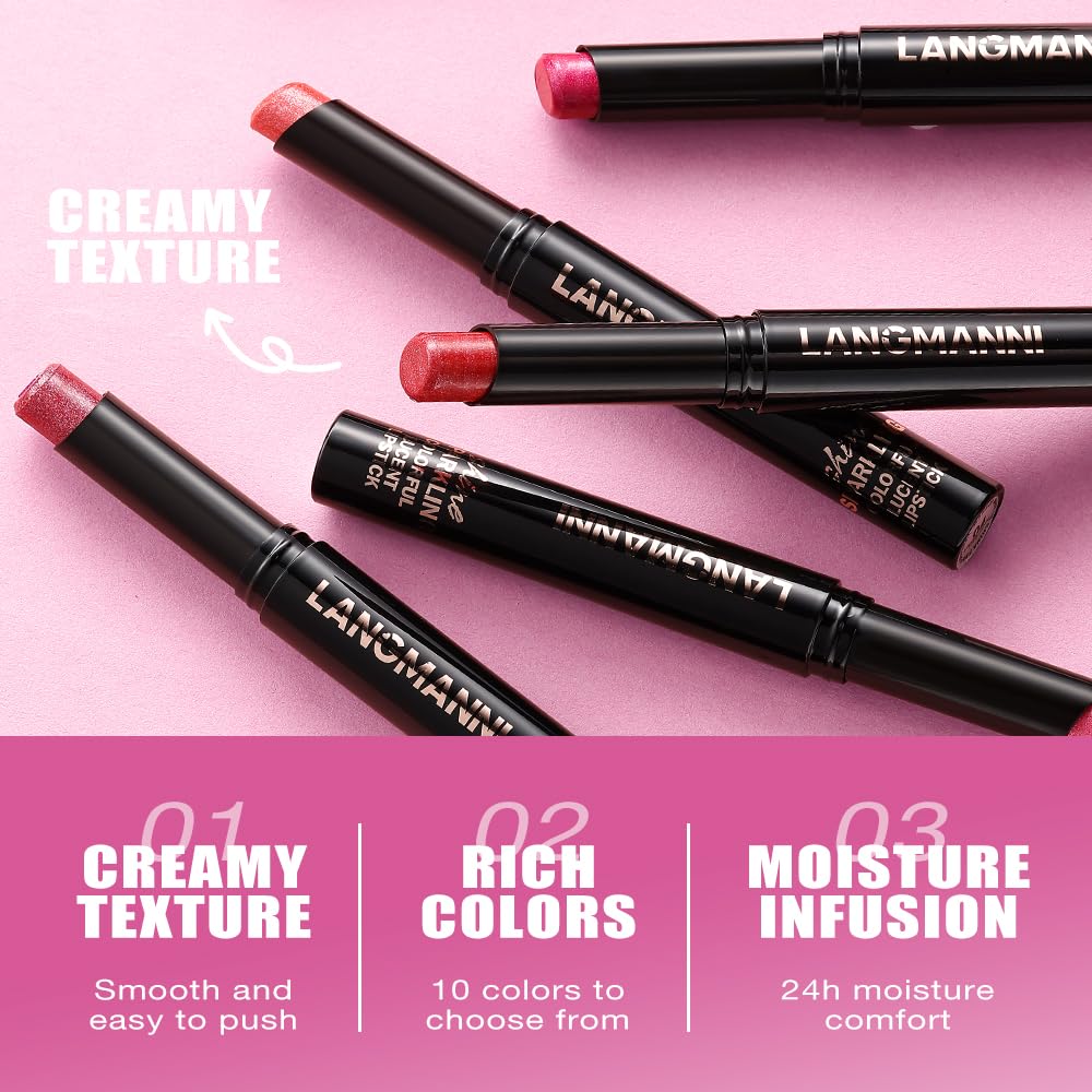 Jolilab 10Pcs Set Sparkling Lipstick Lip Gloss Long Lasting Waterproof Moisturizer Lip Balm Glitter Shimmer Metallic, Diamond Shiny Bold Glow Goth Lipstick for Women Girls, Non-sticky