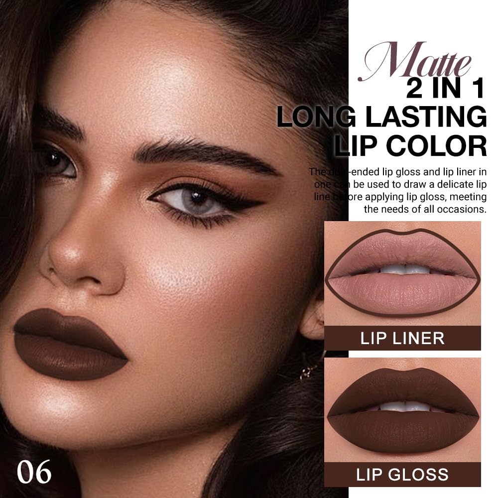 evpct 1Pcs Dark Deep Brown Chocolate Matte Lip Liner and Liquid Lipstick Stain Makeup Set for women, Long Lasting Smudge Proof Lipstick labiales matte mate larga duracion listip 24 hours originales,06