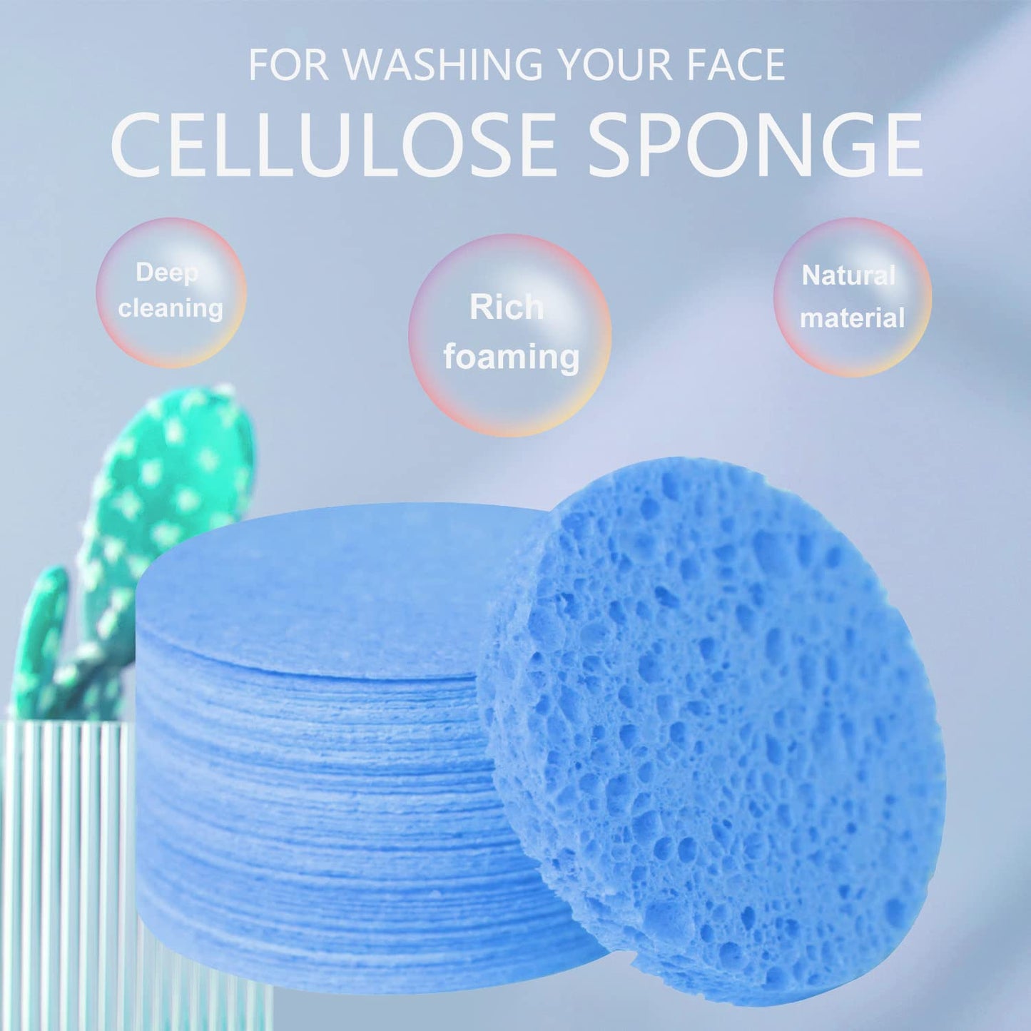 100-Count Facial Sponges Compressed Natural Cellulose Sponge Round Shape Face Sponge for Face Cleansing Exfoliating and Makeup Removal, Blue