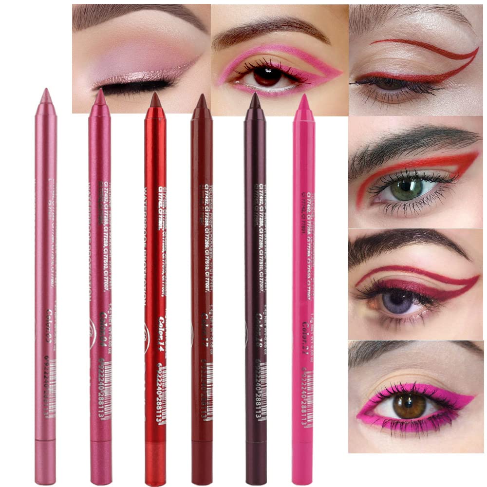 evpct 6Pcs Glitter Eyeliner Pencils Set delineadores de colores para ojos lapiz de ojos negro a prueba de agua Pink Rose Red Orange Purple Metallic Colorful Liquid Eye Liners Set for Women Waterproof