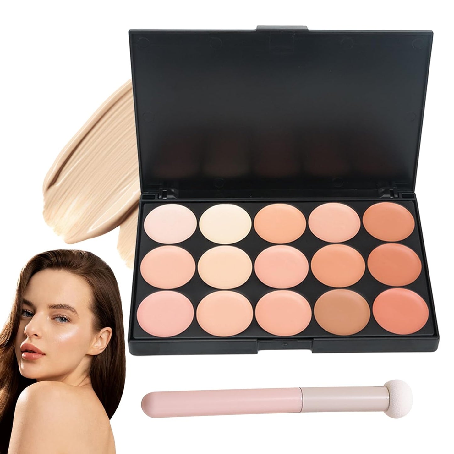 15 Colors Cream Contour Palette,Lightweight Concealer Full Coverage Contouring Liquid Foundation Palette,Multi-use Blendable Color Corrector Concealer Palette with Makeup Sponge