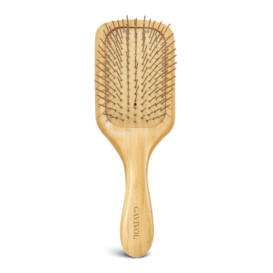 Bamboo Paddle Hair Brush with Metal Bristles – Anti-Static Detangling & Scalp Massage Hairbrush – Natural Wood Handle – All Hair Types for Women, Men & Kids