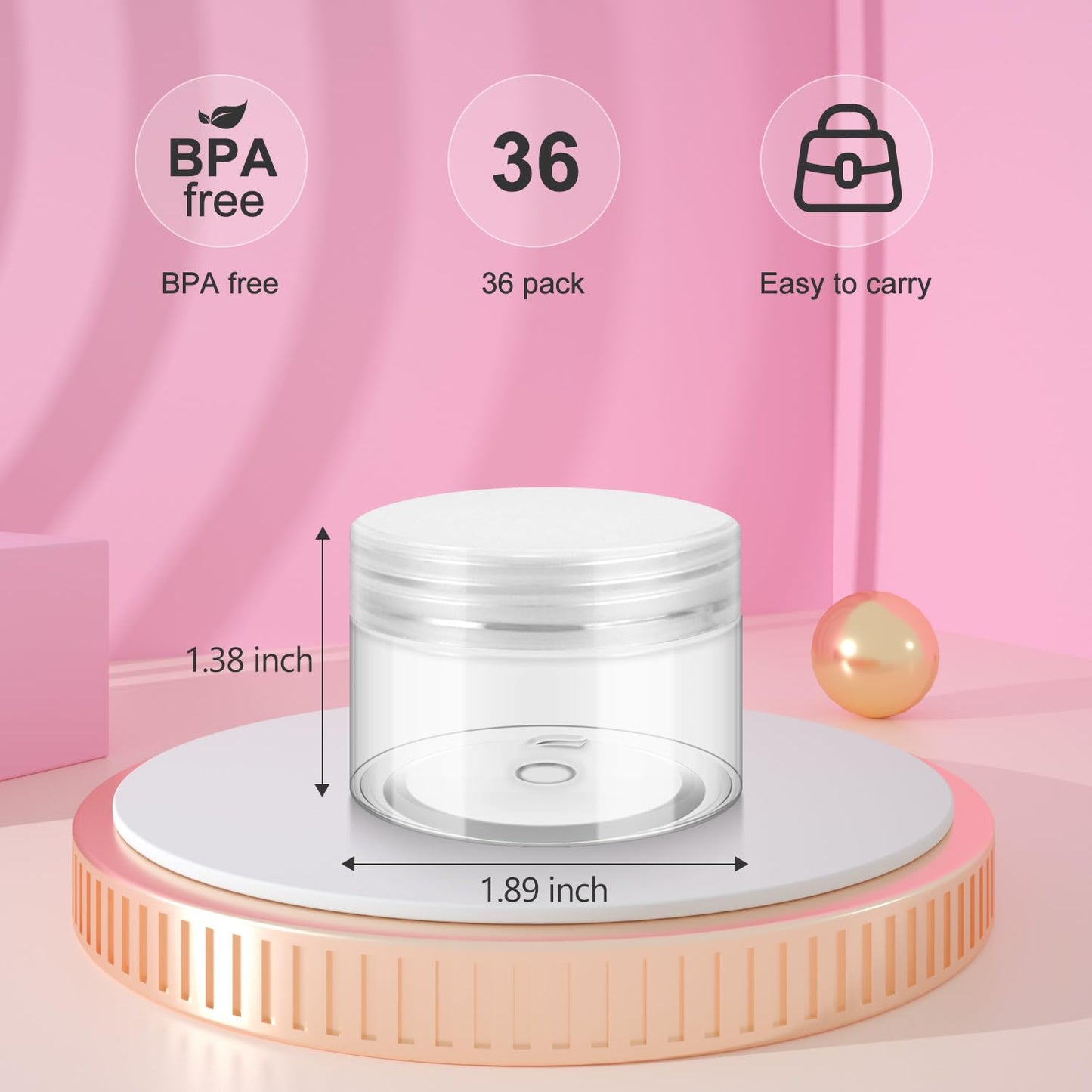 36 Pack 1 OZ Plastic Jars with Lids, BPA Free, Reusable, Refillable Transparent Cosmetic Containers for Bath Salts, Cosmetics, Powders, Beauty Product and Small Accessories, White