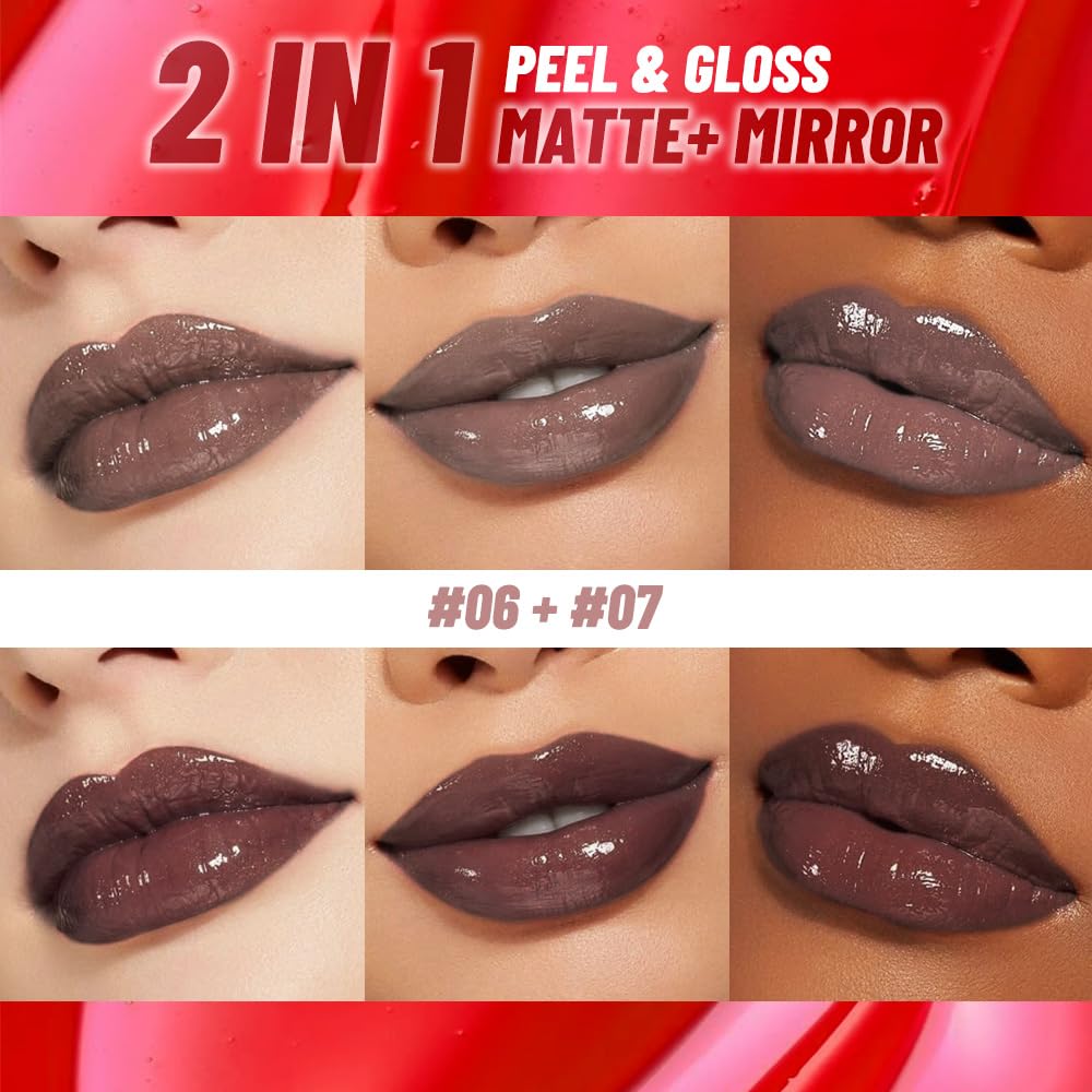 2Pcs Lip Stain Peel Off Lip Gloss oil Dual-Ended Combo, Lips Liner Stain Peel Off Masque, Long Lasting & Waterproof, Transfer-Proof Lip Tint Stain with Lip oil for All Skin Type 06#+07#
