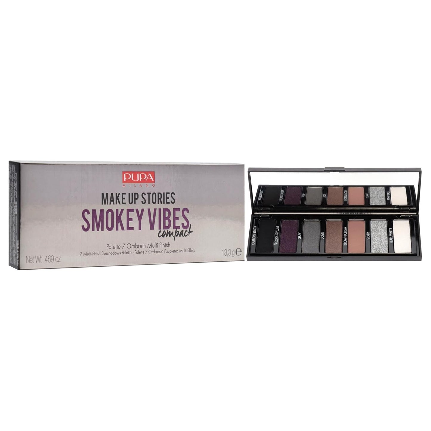 Pupa Milano Make Up Stories Eyeshadow Palette 002 Smokey Vibes - 7-Shade Shadow Collection with Matte, Satin, and Metallic Color Options - High Pigment Formula - Soft, Blendable Texture - 0.469 oz