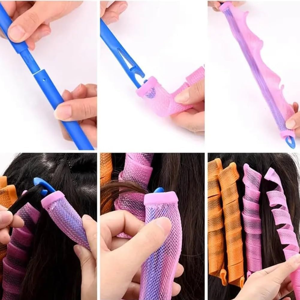 Heatless Hair Curling Set, Hair Curlers Spiral Curls No Heat Wave, Spiral Curls Styling Kit, Satin Heatless Curling Set Short Hairs, for All Hairs Lengths with Styling Hooks (color 6,11.8 in)