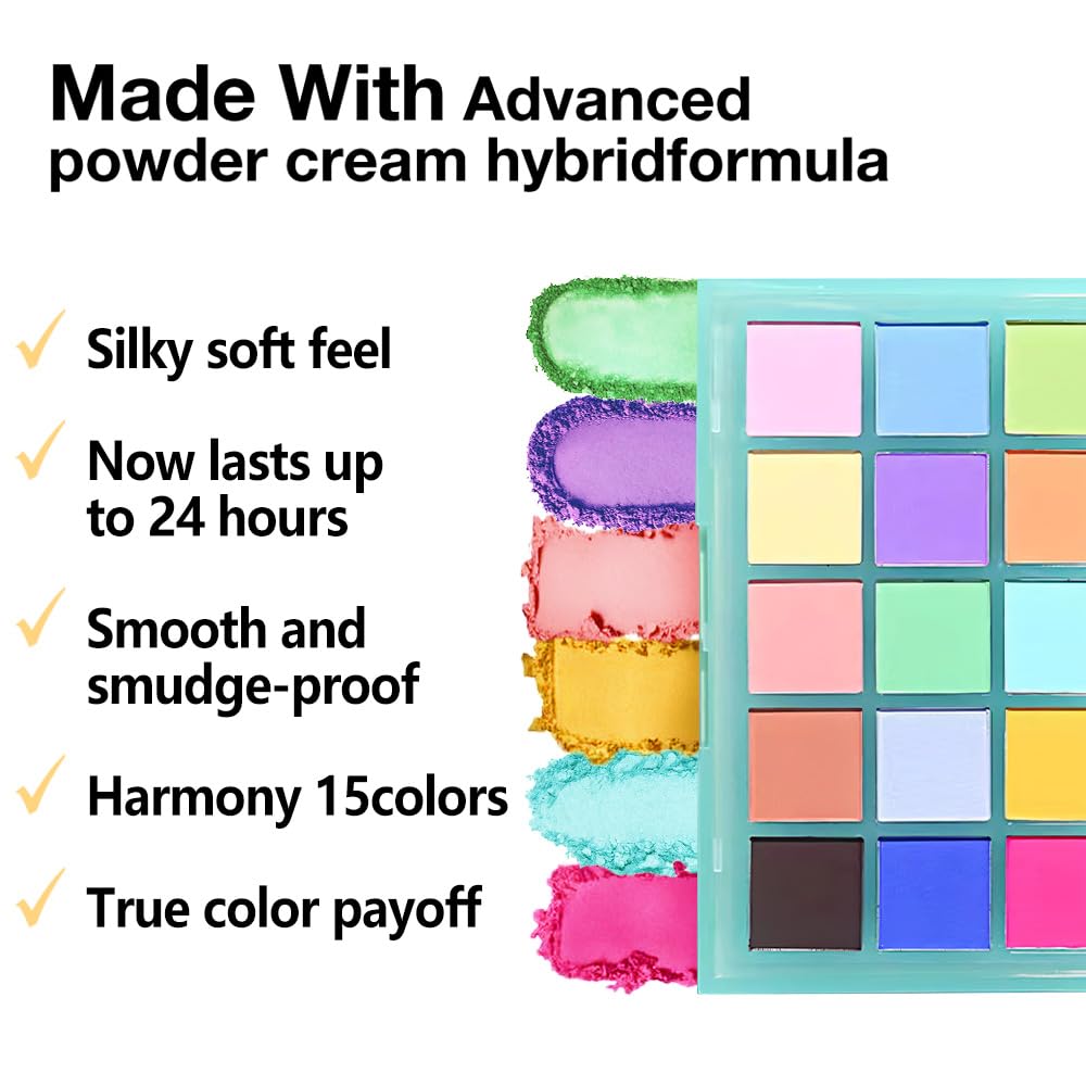 Eye Shadow Makeup Palette,15 Colors Bright Colorful Neon Rainbow Green Purple Yellow Neutral Eyeshadow Palette,Long Lasting Waterproof Travel Size Makeup Pallete,Vegan,Cruelty -free