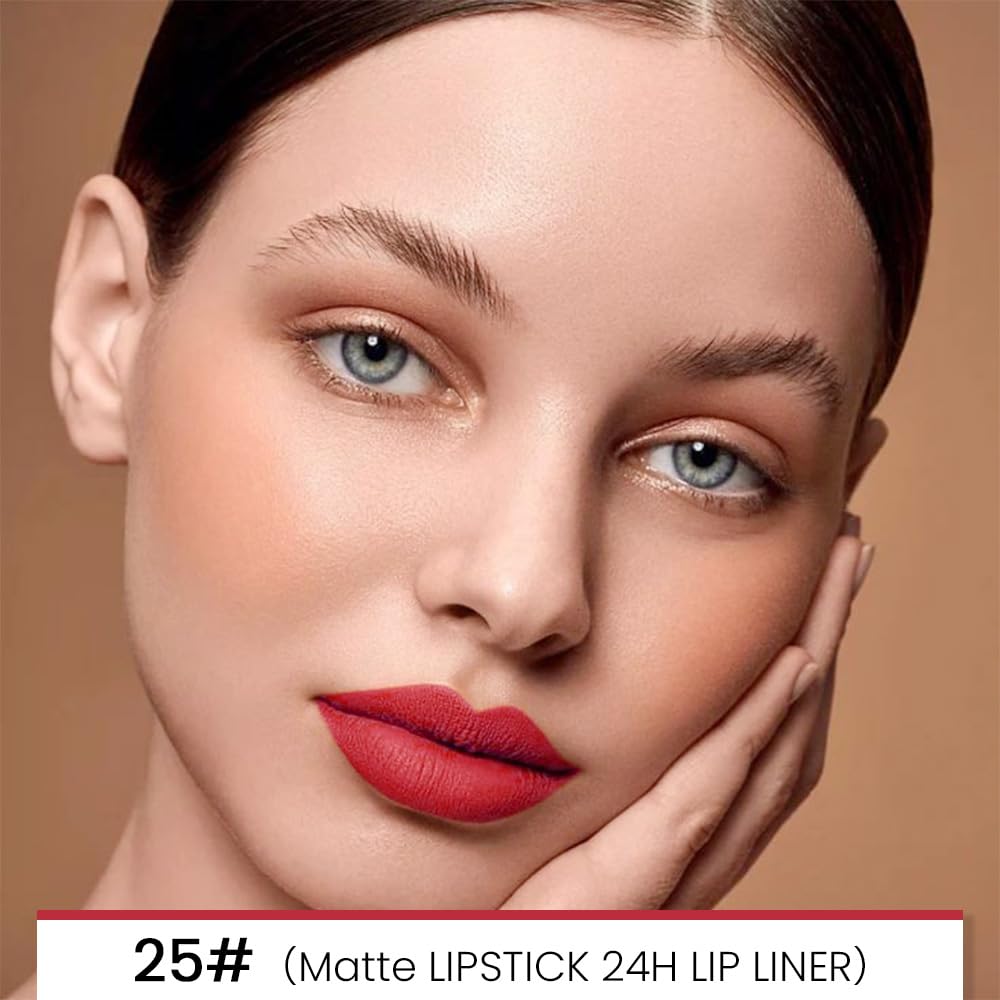 evpct 1Pcs Ruby Red Matte Lip Liner and Lipstick Combo Set Kit for Women, Magic Neutral Lipsticks 24 Hours Original Lipstick and Lips Liner Pencil Stain Gloss Makeup Long Lasting Waterproof, 25#